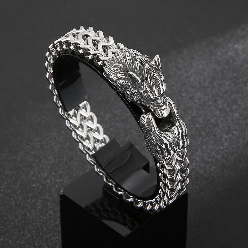 Coole Wolf Head Double Casting Titanium Armband Voor Heren Coole Wolf Head Double Casting Titanium Armband Voor Heren