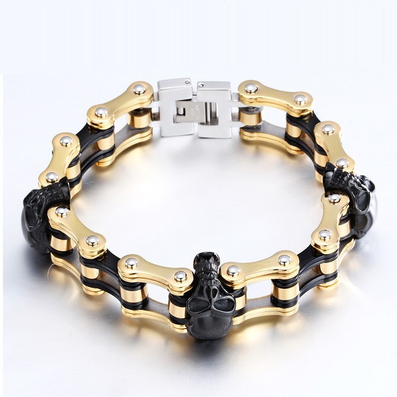 Rock Hip-Hop Gegalvaniseerde Tweekleurige Schedel Titanium Heren Bikerarmband
