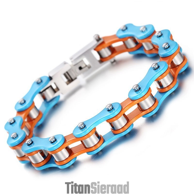 Eenvoudige Geschilderde Blauw-Oranje Titanium Heren Bikerarmband