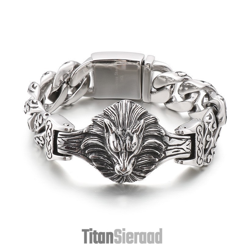 Wolfkop Bloemen Titanium Armband Voor Heren Wolfkop Bloemen Titanium Armband Voor Heren