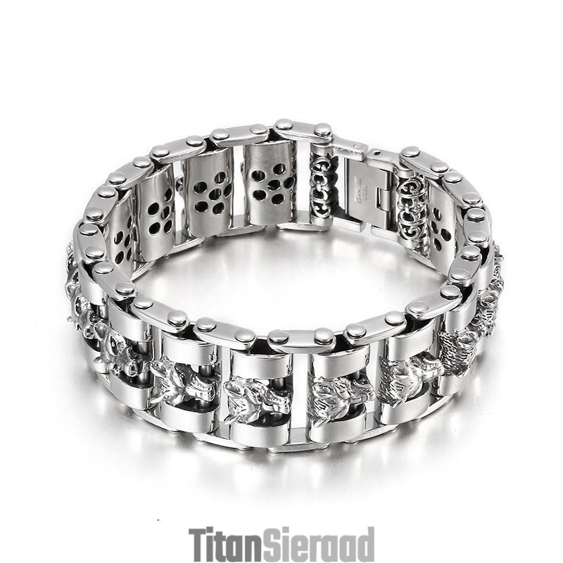 Coole Wolf Head Biker Titanium Armband Voor Heren