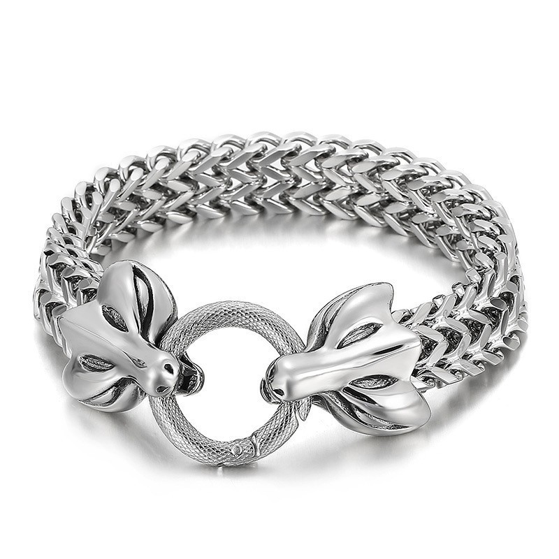 Populaire, Coole, Dubbele Dierenkop Gevlochten Titanium Herenarmband
