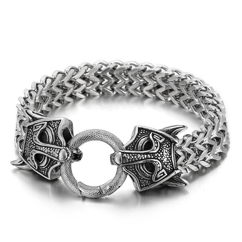 Populaire, Coole, Dubbele Dierenkop Gevlochten Titanium Herenarmband