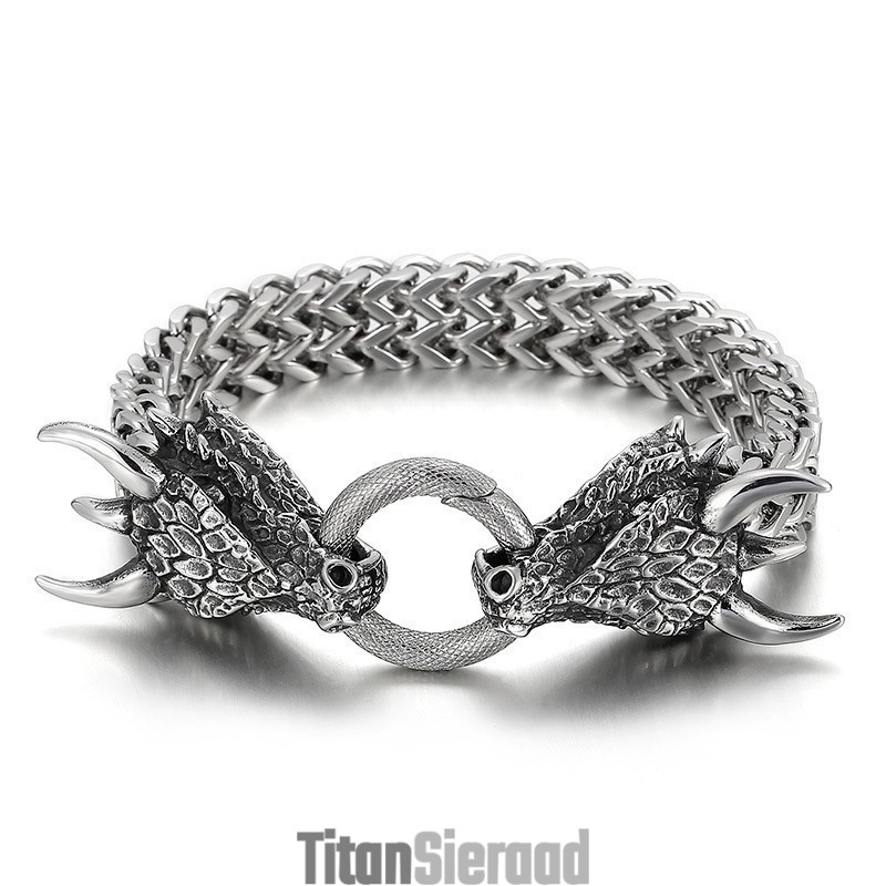 Populaire, Coole, Dubbele Dierenkop Gevlochten Titanium Herenarmband