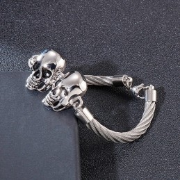 Coole, Modieuze Dubbele Schedel Stalen Draad Heren Titanium Armband