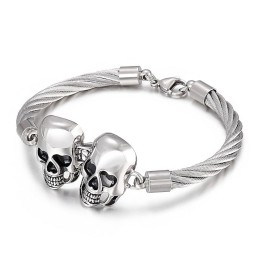 Coole, Modieuze Dubbele Schedel Stalen Draad Heren Titanium Armband