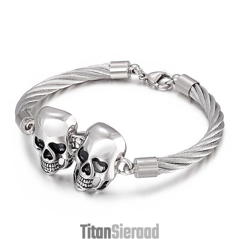 Coole, Modieuze Dubbele Schedel Stalen Draad Heren Titanium Armband Coole, Modieuze Dubbele Schedel Stalen Draad Heren Titanium Armband