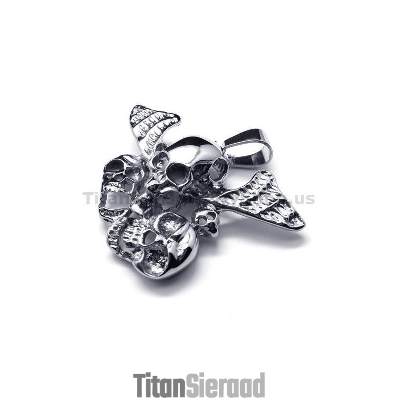 Hanger Van Puur Titanium Met Drie Schedels En Vleugels - Gratis Ketting