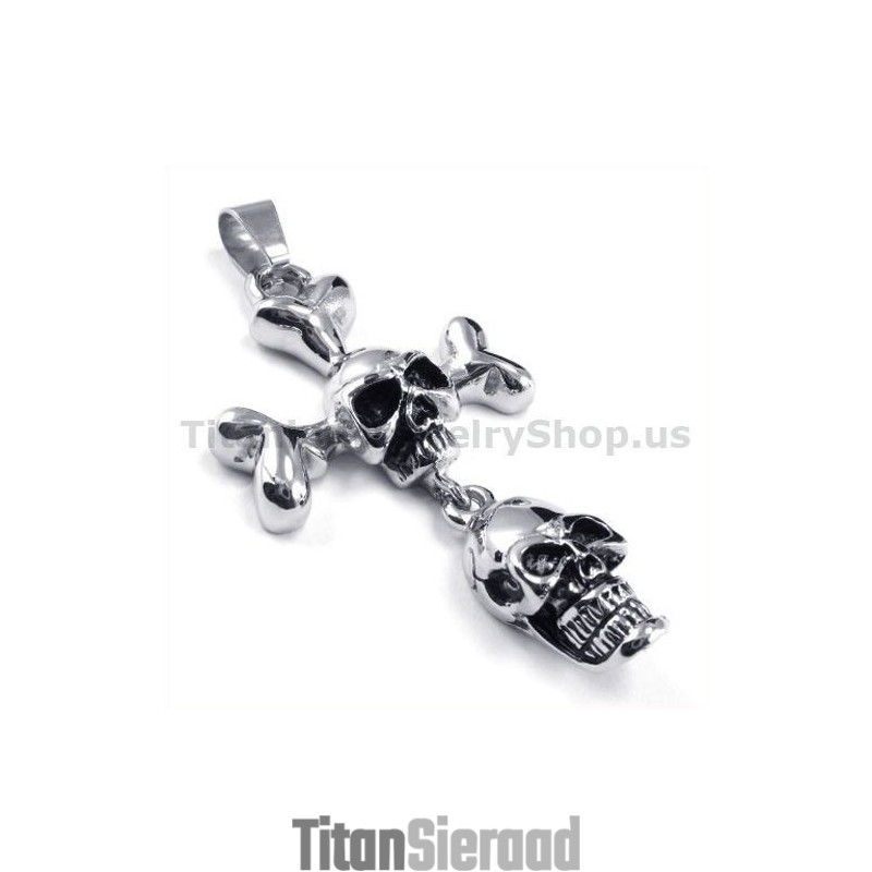 Titanium Hanger Met Twee Schedels - Gratis Ketting Titanium Hanger Met Twee Schedels - Gratis Ketting