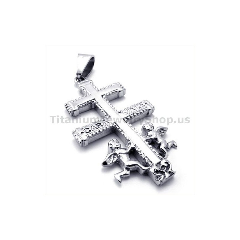 Twee Engelen Caravaca Kruis Titanium Hanger - Gratis Ketting Twee Engelen Caravaca Kruis Titanium Hanger - Gratis Ketting