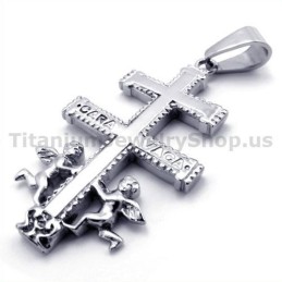 Twee Engelen Caravaca Kruis Titanium Hanger - Gratis Ketting
