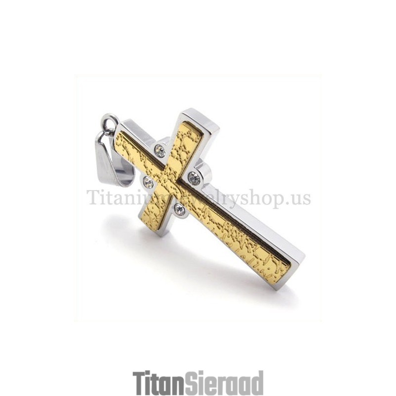 Gouden Tweelaagse Titanium Kruishanger Met Diamant Gouden Tweelaagse Titanium Kruishanger Met Diamant
