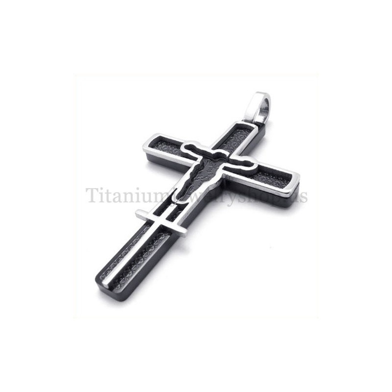 Zwarte Titanium Kruishanger Met Gesneden Jezuspatroon Zwarte Titanium Kruishanger Met Gesneden Jezuspatroon