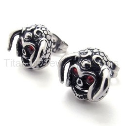 Titanium Oorbellen Met Schedel Van Rund Met Rode Ogen