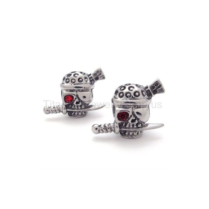 Zwaard En Schedel Met Een Rood Oog, Stitanium Oorbellen Zwaard En Schedel Met Een Rood Oog, Stitanium Oorbellen