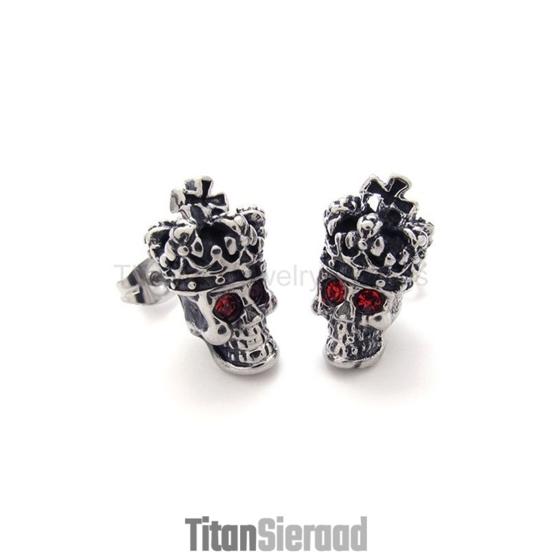 Titanium Oorbellen Met Red-Eyes Crown Skull Titanium Oorbellen Met Red-Eyes Crown Skull