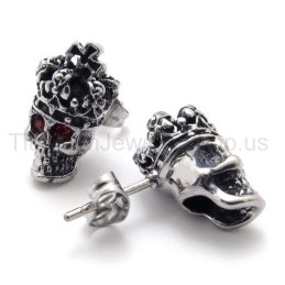 Titanium Oorbellen Met Red-Eyes Crown Skull