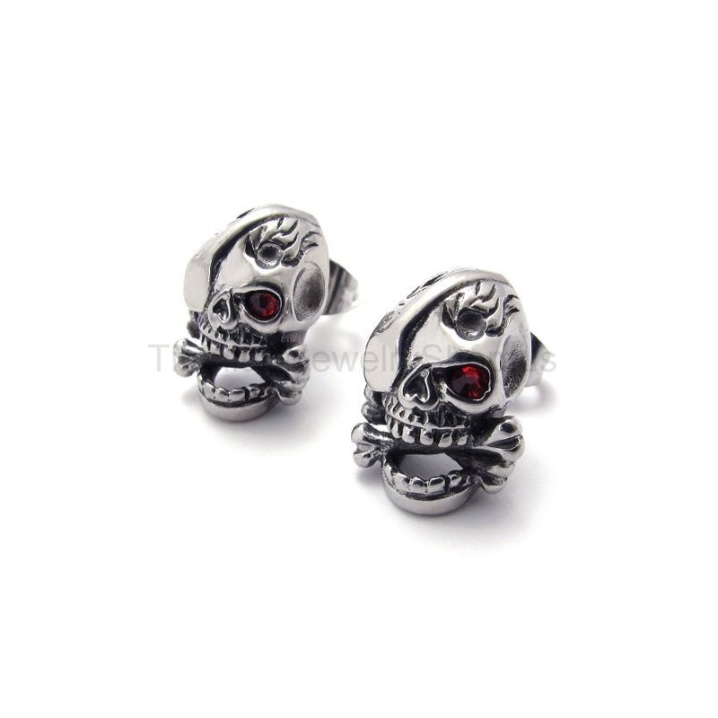 Titanium Oorbellen Met Een Schedel Van Één Rood Oog