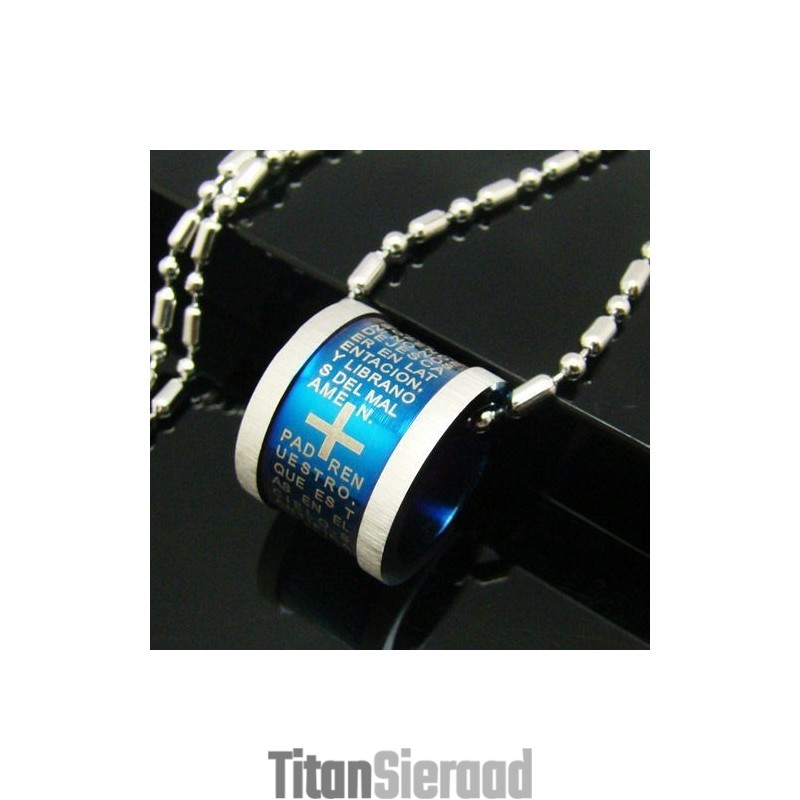 Man Blue Cross Bijbel Roller Pure Titanium Hanger Ketting