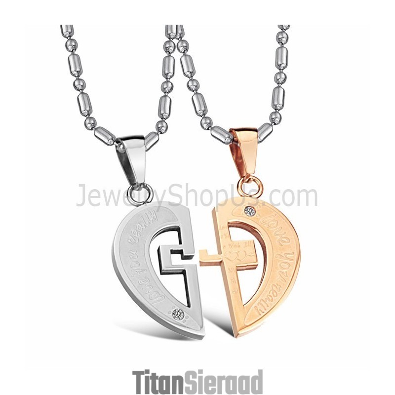 Titanium Roségoud En Zilveren Sweetheart Lovers-Hangers Met Strass-Steentjes En Gratis Kettingen C641 Titanium Roségoud En Zilveren Sweetheart Lovers-Hangers Met Strass-Steentjes En Gratis Kettingen C641