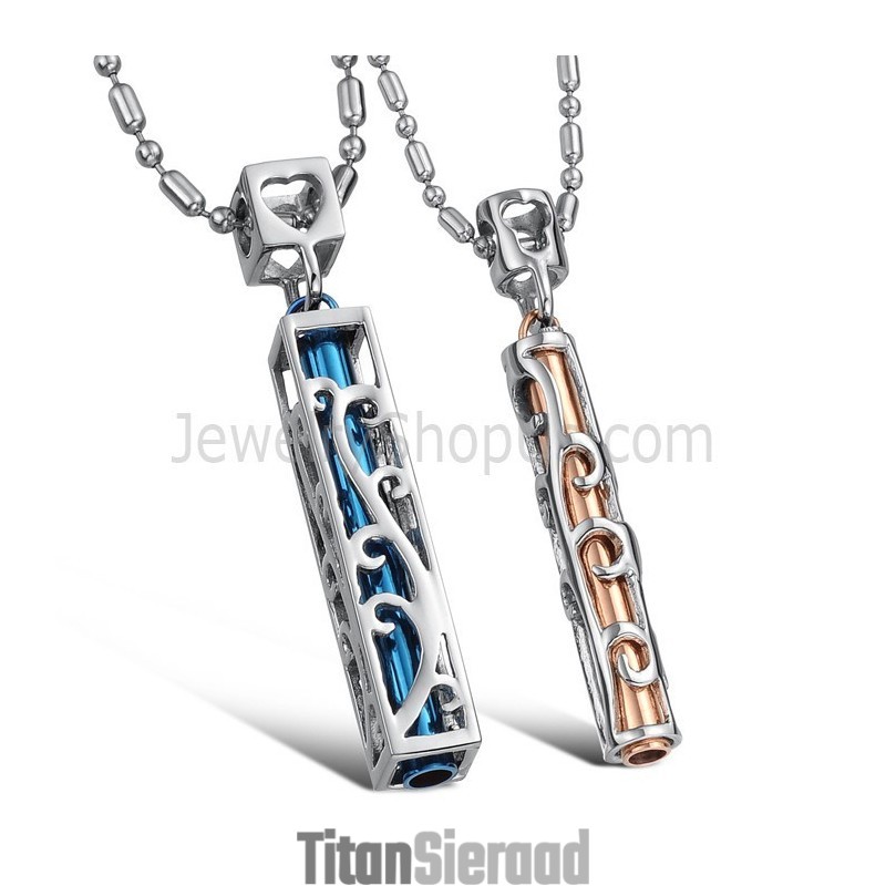 Titaniumblauwe En Roségouden Holle Hangers Voor Geliefden Met Gratis Kettingen C609