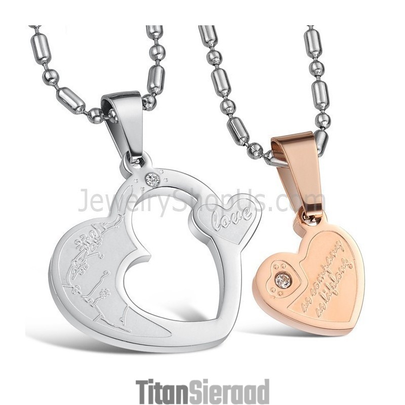 Titanium Roségoud En Zilveren Sweetheart Lovers-Hangers Met Strass-Steentjes En Gratis Kettingen C600 Titanium Roségoud En Zilveren Sweetheart Lovers-Hangers Met Strass-Steentjes En Gratis Kettingen C600