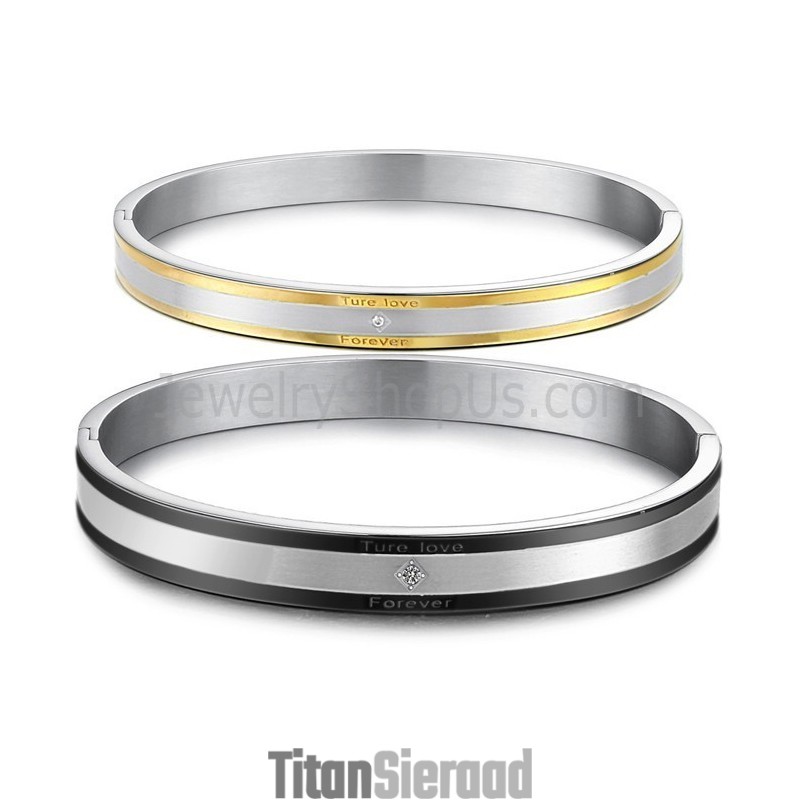 Tatanium Zwart En Goud "True Love Forever" Koppel Armbanden Met Strass Steentjes C875 Tatanium Zwart En Goud "True Love Forever" Koppel Armbanden Met Strass Steentjes C875