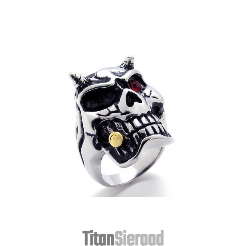 Schedel Met Rode Diamant Titanium Ring