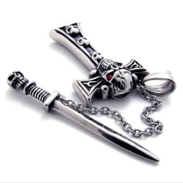 Schedel Met Rode Diamant Dolk Titanium Kruis Hanger
