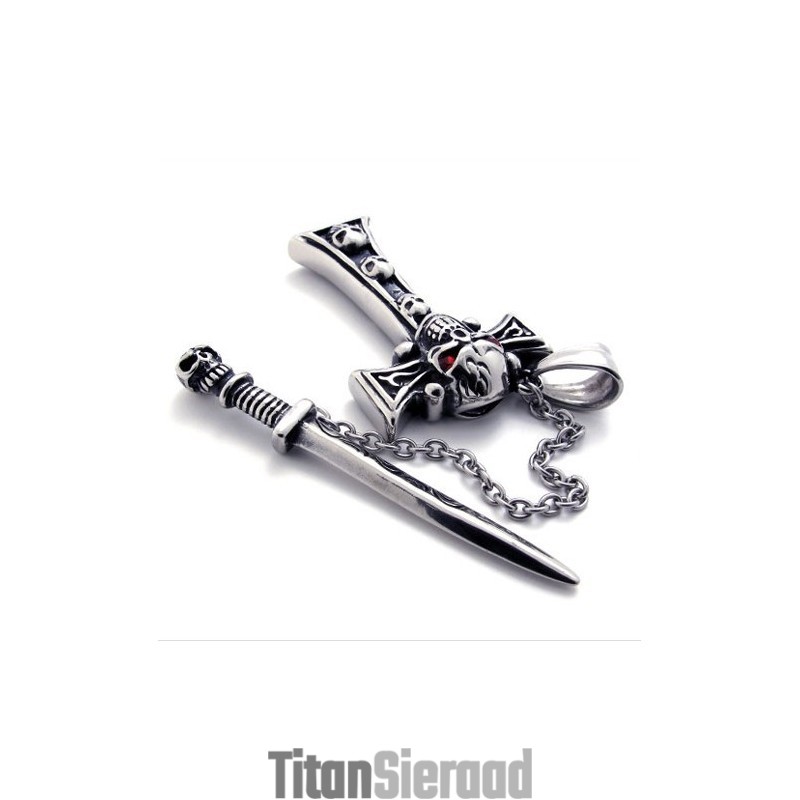 Schedel Met Rode Diamant Dolk Titanium Kruis Hanger Schedel Met Rode Diamant Dolk Titanium Kruis Hanger