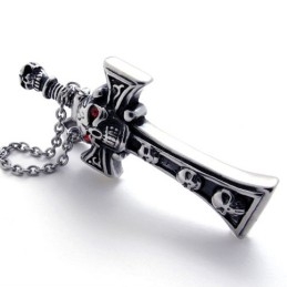 Schedel Met Rode Diamant Dolk Titanium Kruis Hanger
