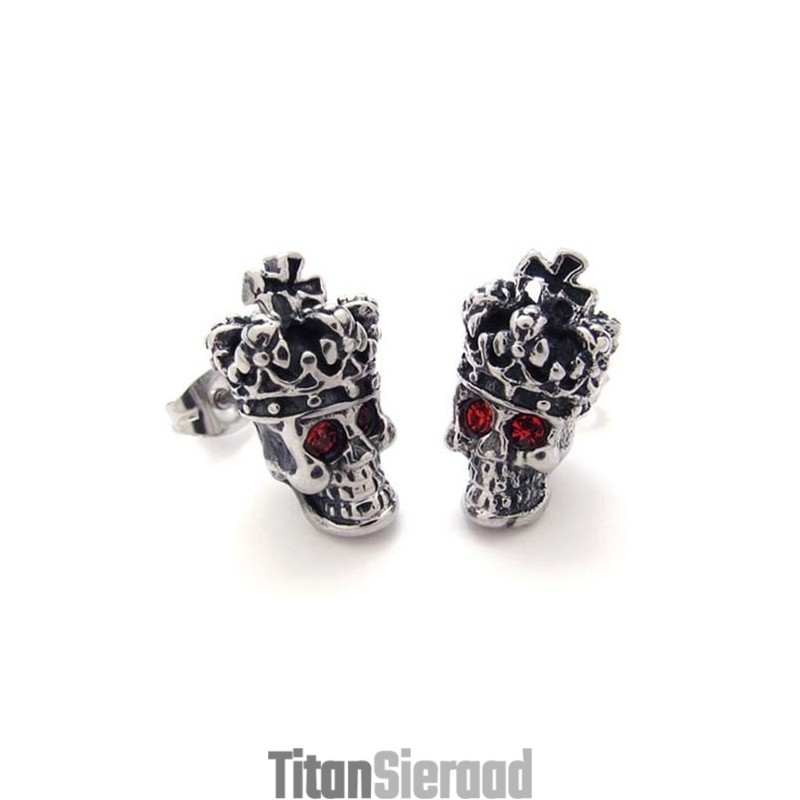 Rode Diamanten Kroon Schedel Titanium Oorbellen Rode Diamanten Kroon Schedel Titanium Oorbellen