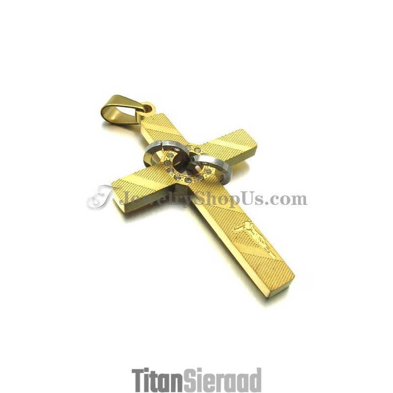Kruis Gouden Titanium Hanger Met Cirkels Strass Steentjes Kruis Gouden Titanium Hanger Met Cirkels Strass Steentjes