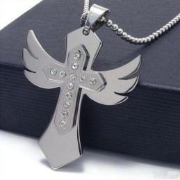 Heren Zilveren Kruisketting Met Vleugelhanger Van Puur Titanium