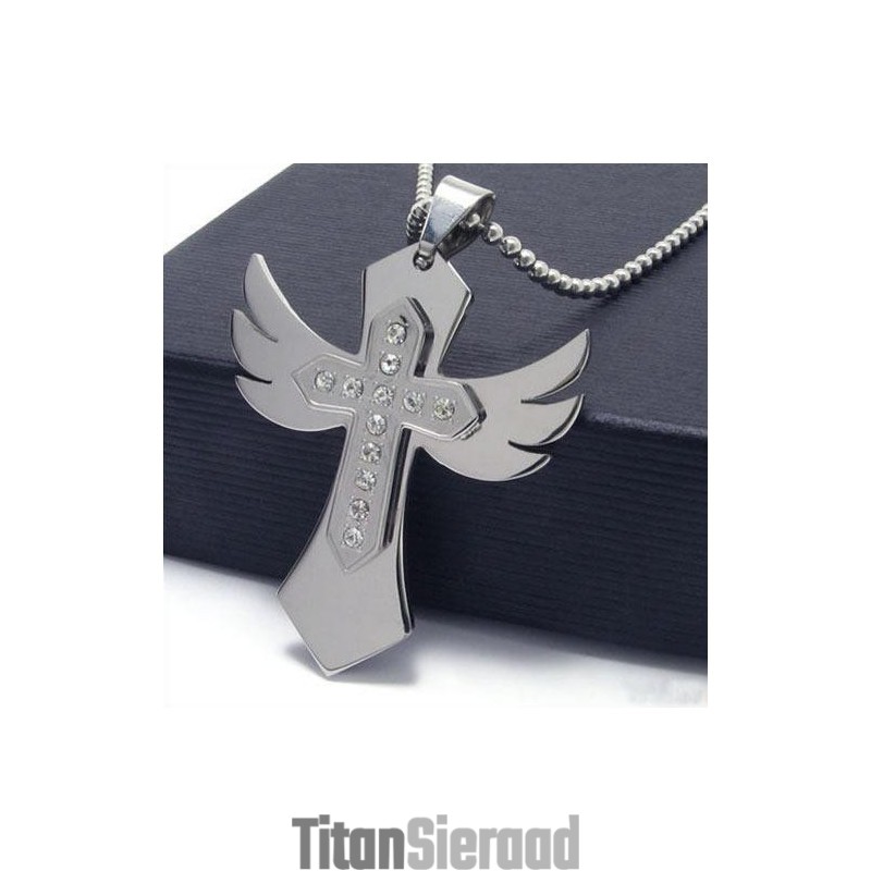 Heren Zilveren Kruisketting Met Vleugelhanger Van Puur Titanium Heren Zilveren Kruisketting Met Vleugelhanger Van Puur Titanium