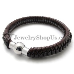 Elegante Bruine Titanium En Leren Armband