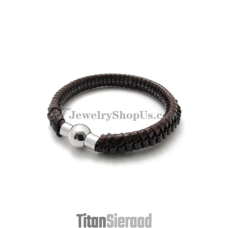Elegante Bruine Titanium En Leren Armband