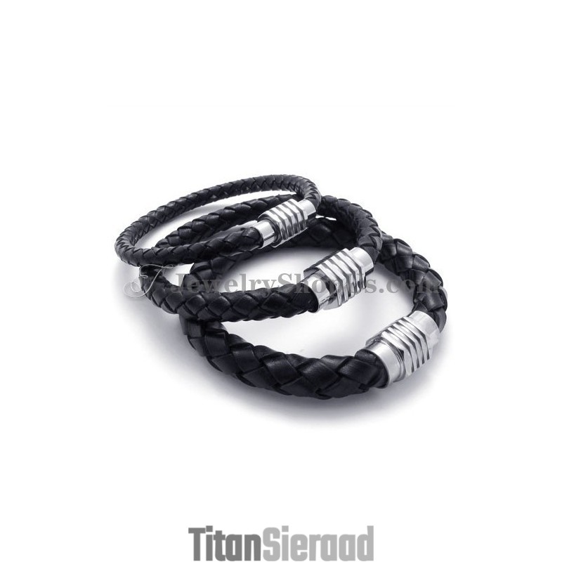 Elegante Zwarte Titanium En Leren Armband