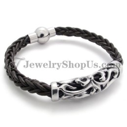 Elegante Zwarte Leren Titanium Armband