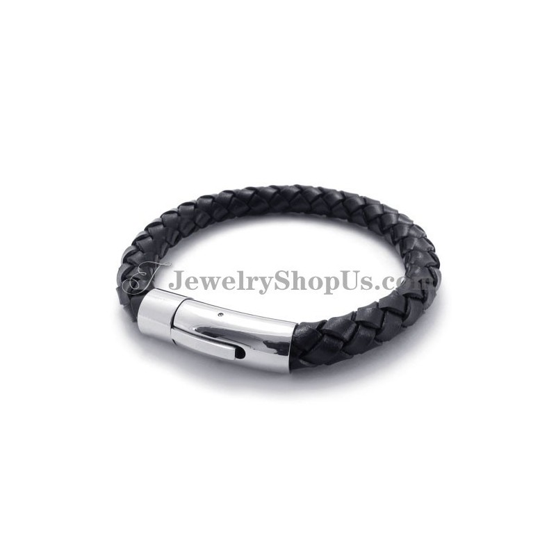 Mode Zwarte Leren En Titanium Armband Mode Zwarte Leren En Titanium Armband