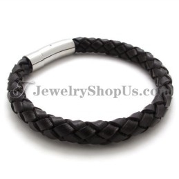 Mode Bruine Leren En Titanium Armband
