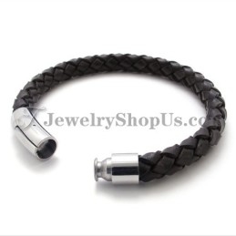 Mode Bruine Leren En Titanium Armband