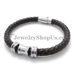 Elegante Bruine Leren Titanium Armband
