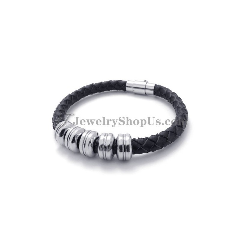 Mode Zwarte Leren En Titanium Armband Mode Zwarte Leren En Titanium Armband