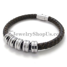 Elegante Zwarte Leren En Titanium Armband