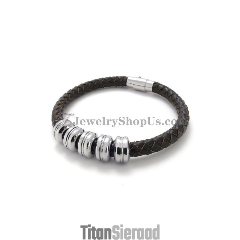 Elegante Zwarte Leren En Titanium Armband