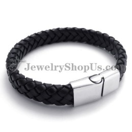 Elegante Zwarte Titanium Met Leren Armband