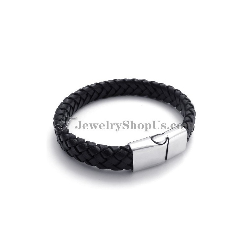 Elegante Zwarte Titanium Met Leren Armband