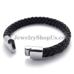 Elegante Zwarte Titanium Met Leren Armband