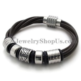 Mode Bruine Leren En Titanium Armband